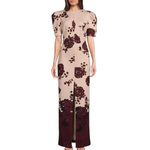 Badgley Mischka Nina Sheath Maxi Dress Size 6 Puff Sleeve‎ Scuba Knit Front Slit